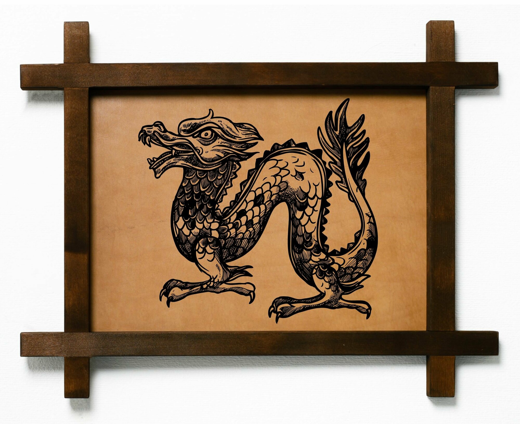 Картина Японский дракон, гравировка на натуральной коже, интерьерная для украшения и декора на стену в деревянной раме, подарок, BoomGift