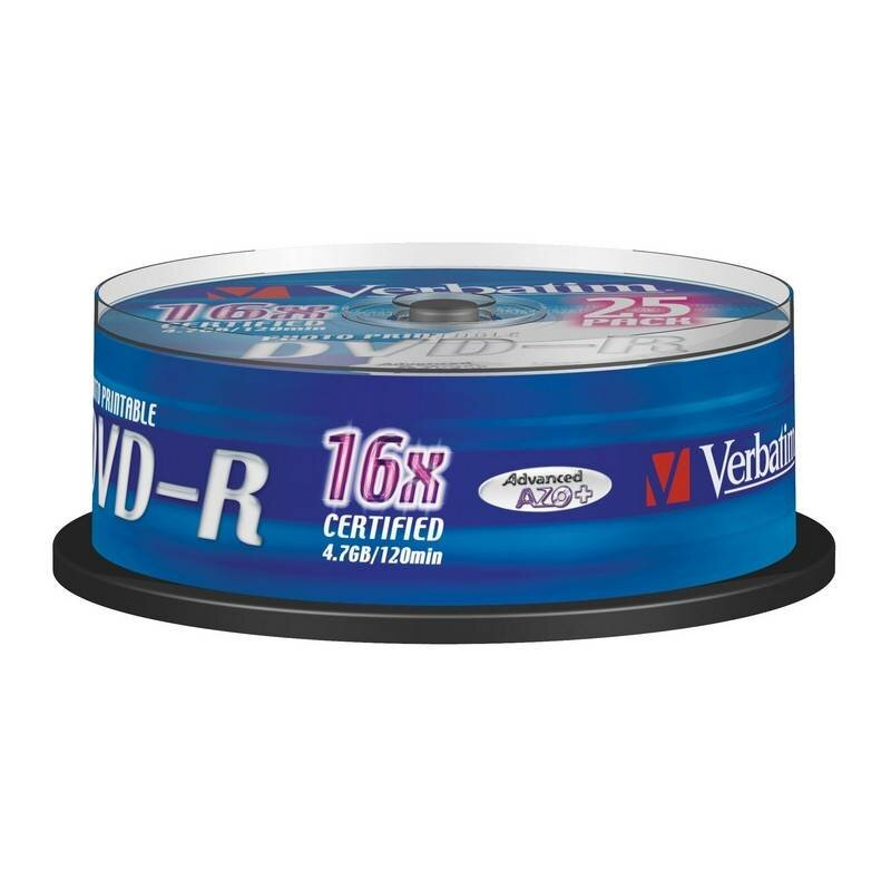 Носители информации DVD-R Printable, 16x, Verbatim Azo Wide, Cake/25, 43538 84132