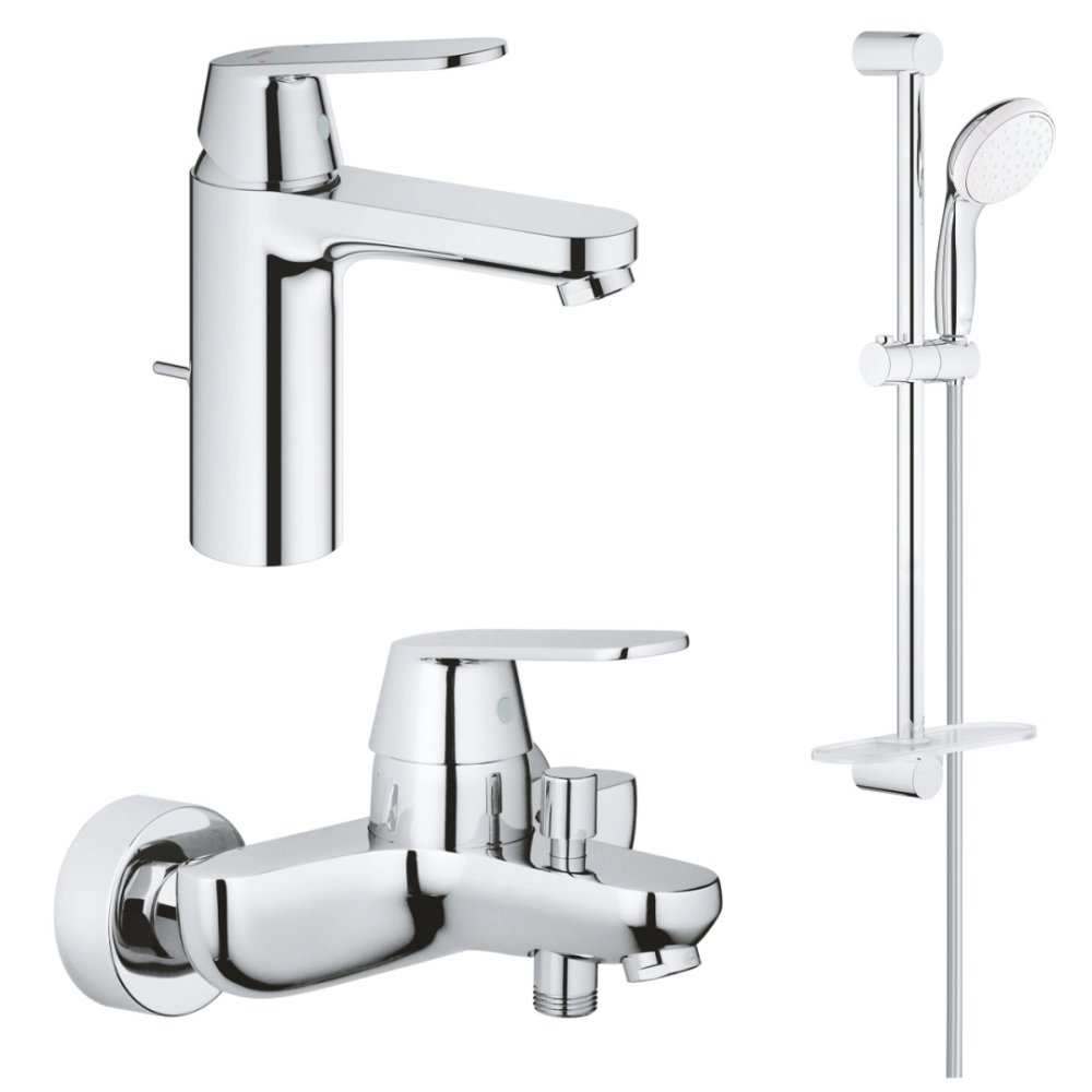 Комплект смесителей Grohe Eurosmart Cosmopolitan 1000179 для раковины, ванны с душевым гарнитуром и полкой, хром