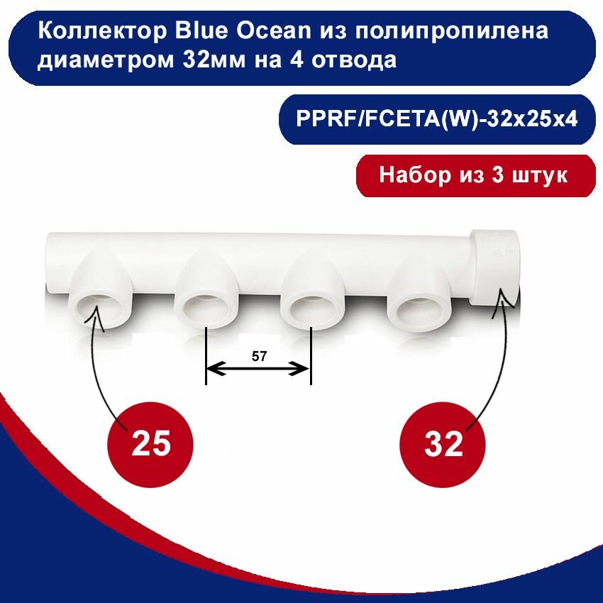 фото Коллектор Blue Ocean из полипропилена белый диаметром 32мм на 4 отвода диаметром 25мм
