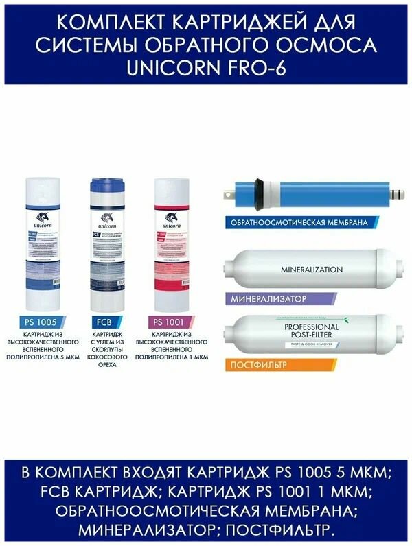 Комплект картриджей для обратноосмотической системы FRO-6 UNICORN (KCB-FRO-6)