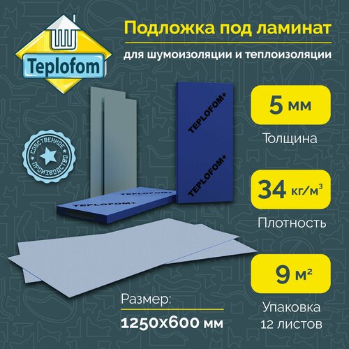 фото Подложка для ламината, паркета и напольных покрытий 1250х600х5мм, цвет голубой (1 уп. - 12 листов)