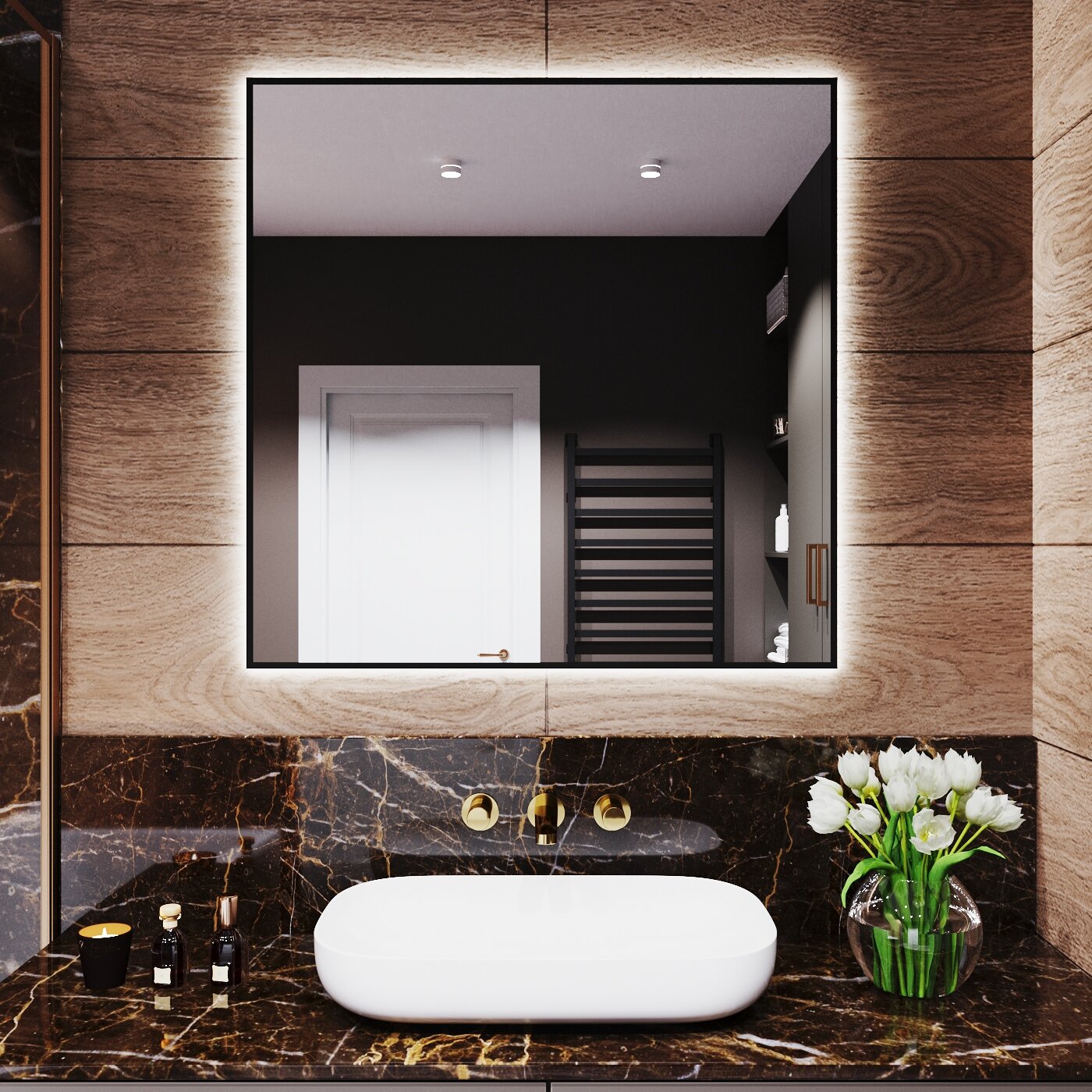 Зеркало с подсветкой в алюминиевой раме настенное Market-house 90х90 см. Свет: Нейтральный Белый 6000К. Черное