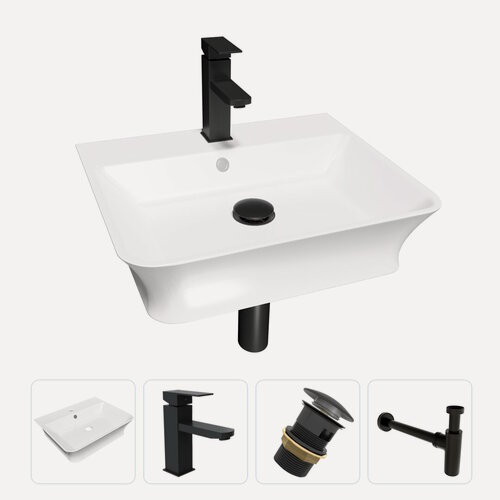 Изображение товара Раковина накладная для ванной Teymi Aina 49 в комплекте смеситель черный матовый донный клапан клик-клак с переливом черный и сифон черный F13129