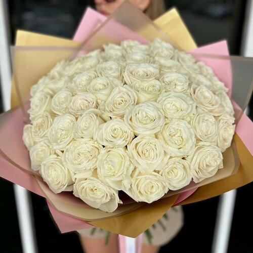 Изображение товара Букет из белых роз 51 шт, красивый букет цветов, шикарный, премиум цветы, премиум букет