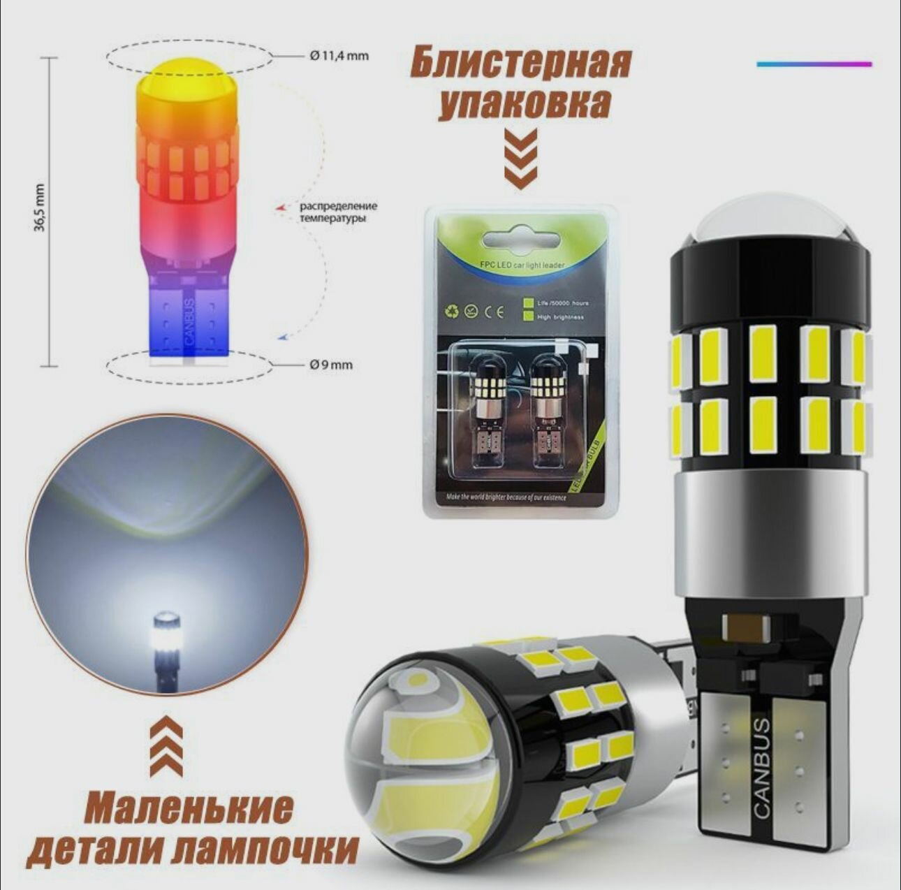 Лампа W5W(2шт) светодиодная биполярная с обманкой, 12-24в Can bus в передние габариты / подсветка салона / номера / задний ход, комплект цвет белый