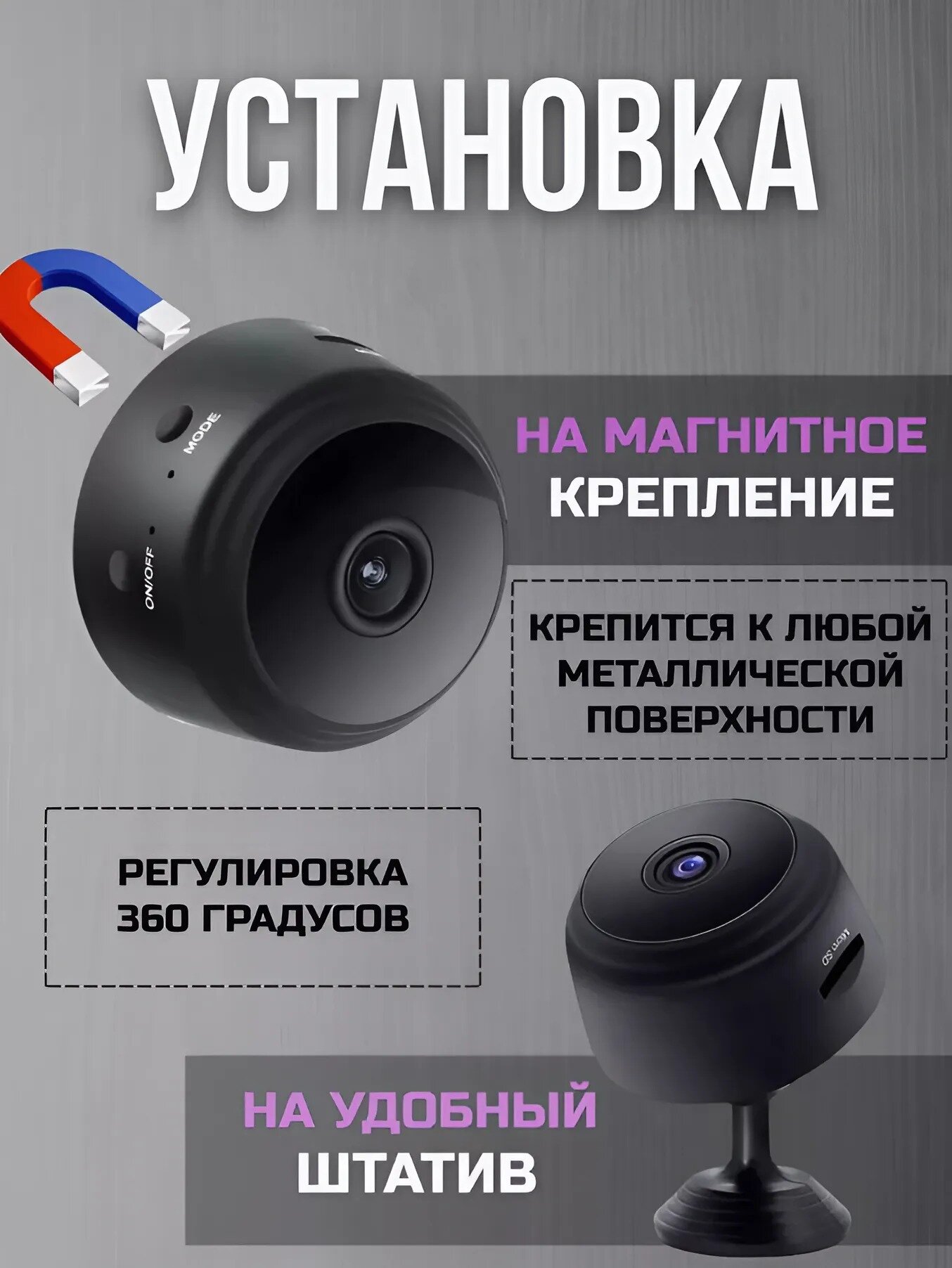 Мини-камера видеонаблюдения, управление через приложение, WiFi — фото 1