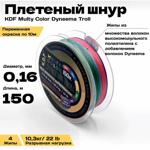 Плетеный шнур K.D.F. Multy Color Dyneema Troll, 0.16 mm -150m-10.3 kg