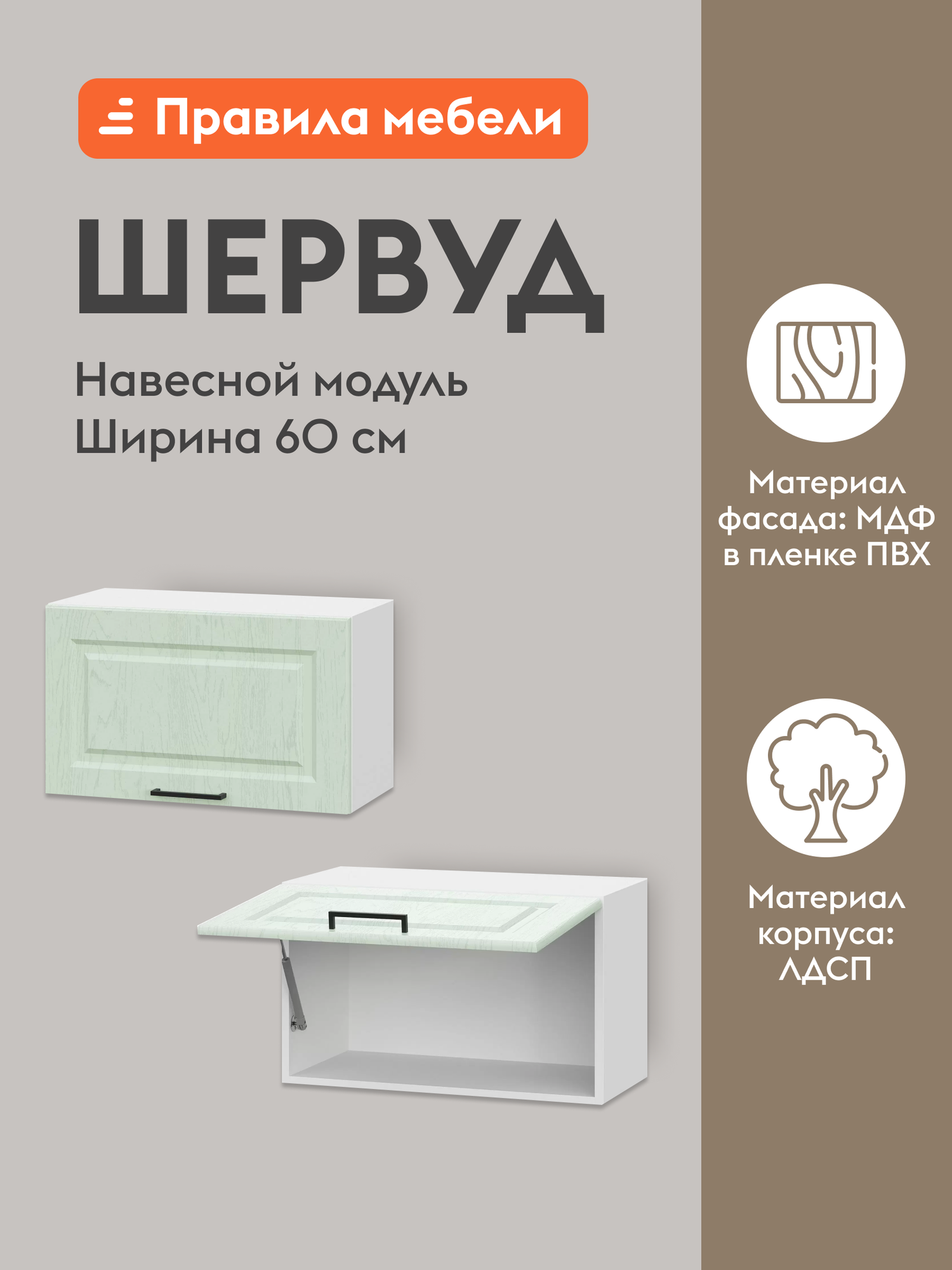 Кухонный модуль навесной шкаф Шервуд с полками 60х29.6х36 см Белый / Шато мята