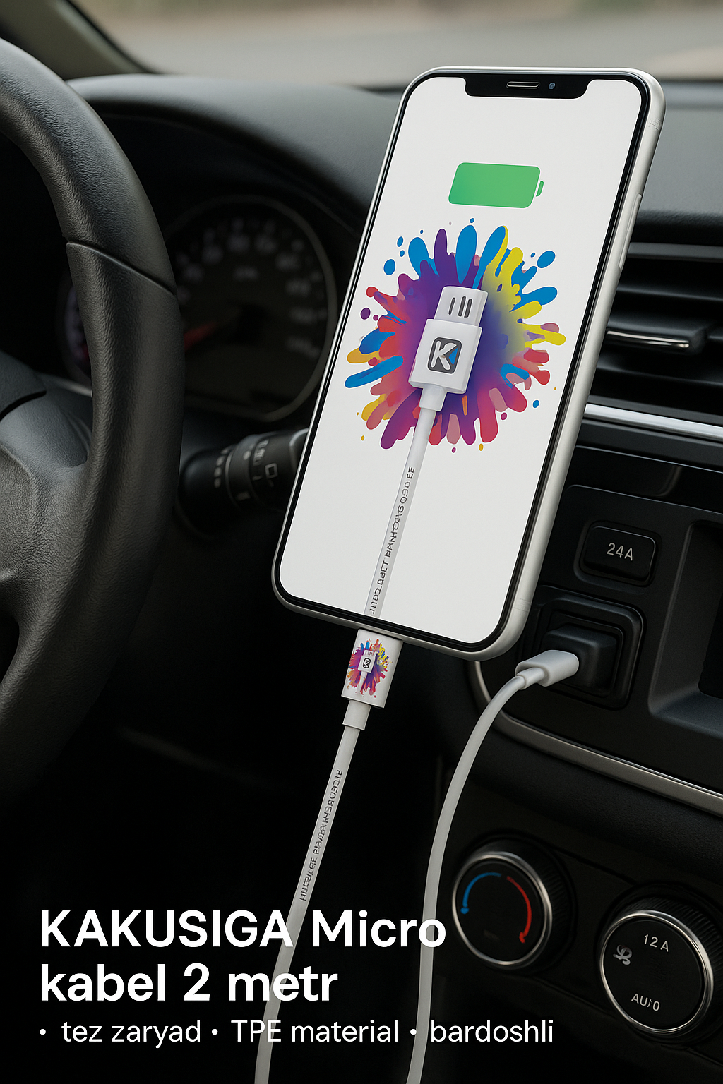 Кабель Kakusiga Micro длиной 2 метра — быстрая зарядка, материал TPE, прочный, белого цвета, силиконовая