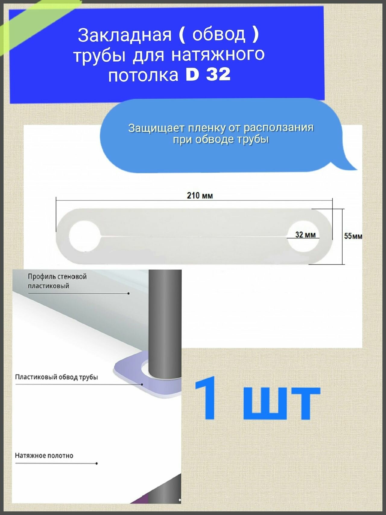 Закладная ( обвод) трубы для натяжного потолка D 32 1шт