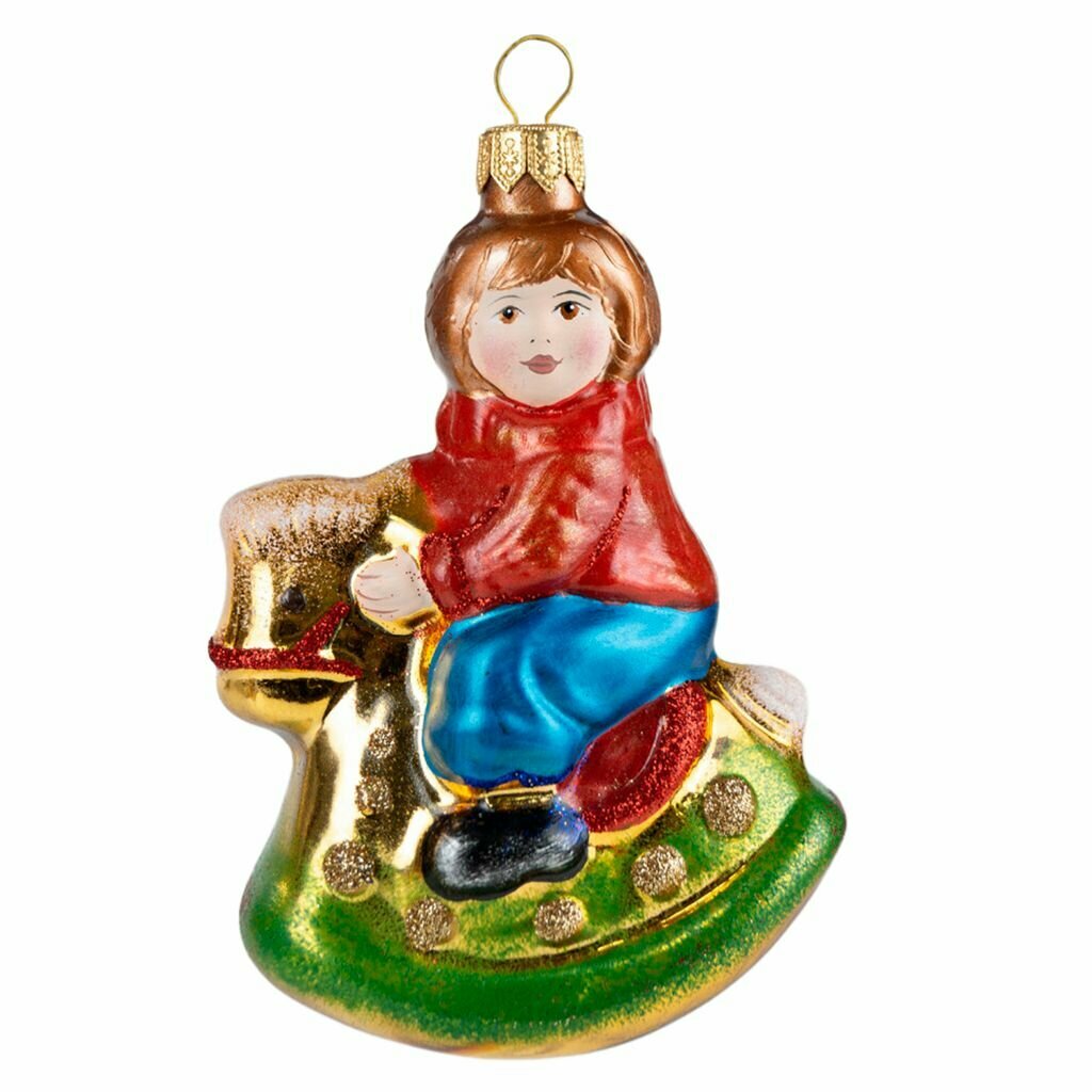 Елочная игрушка фигурка стеклянная "Малыш на лошадке-2" 8,5х5,7х13см, ручная художественная роспись, подарочная упаковка