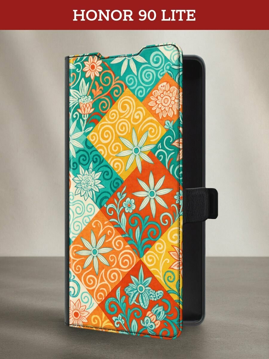 Чехол-книжка на Honor 90 Lite / Хонор 90 Лайт с принтом Цветочная мозаика, черный