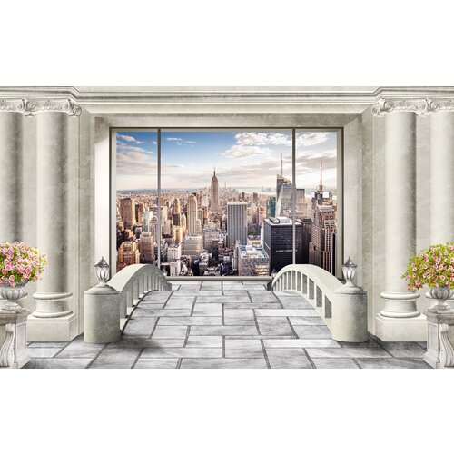 Моющиеся виниловые фотообои GrandPiK Вид на Манхеттен через панарамное окно, 450х280 см