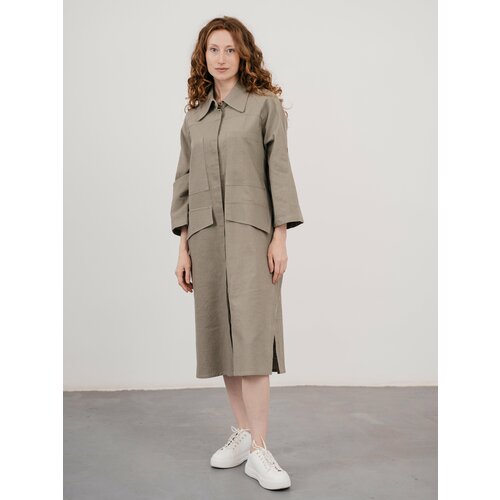 фото Платье сафари модный дом виктории тишиной, лен, хлопок, повседневное, полуприлегающее, миди, карманы, размер m(46-48), хаки, зеленый