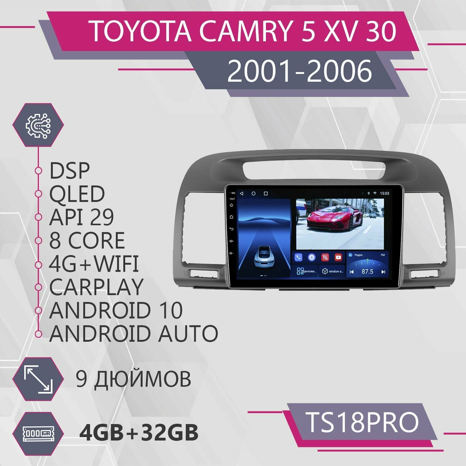 Штатная автомагнитола TS18Pro/ 4+32GB/ Toyota Camry 5 XV 30/ Тойота Камри 5/ Серая Рамка/ Магнитола Android 10/2din/ Головное устройство/ Мультимедиа/