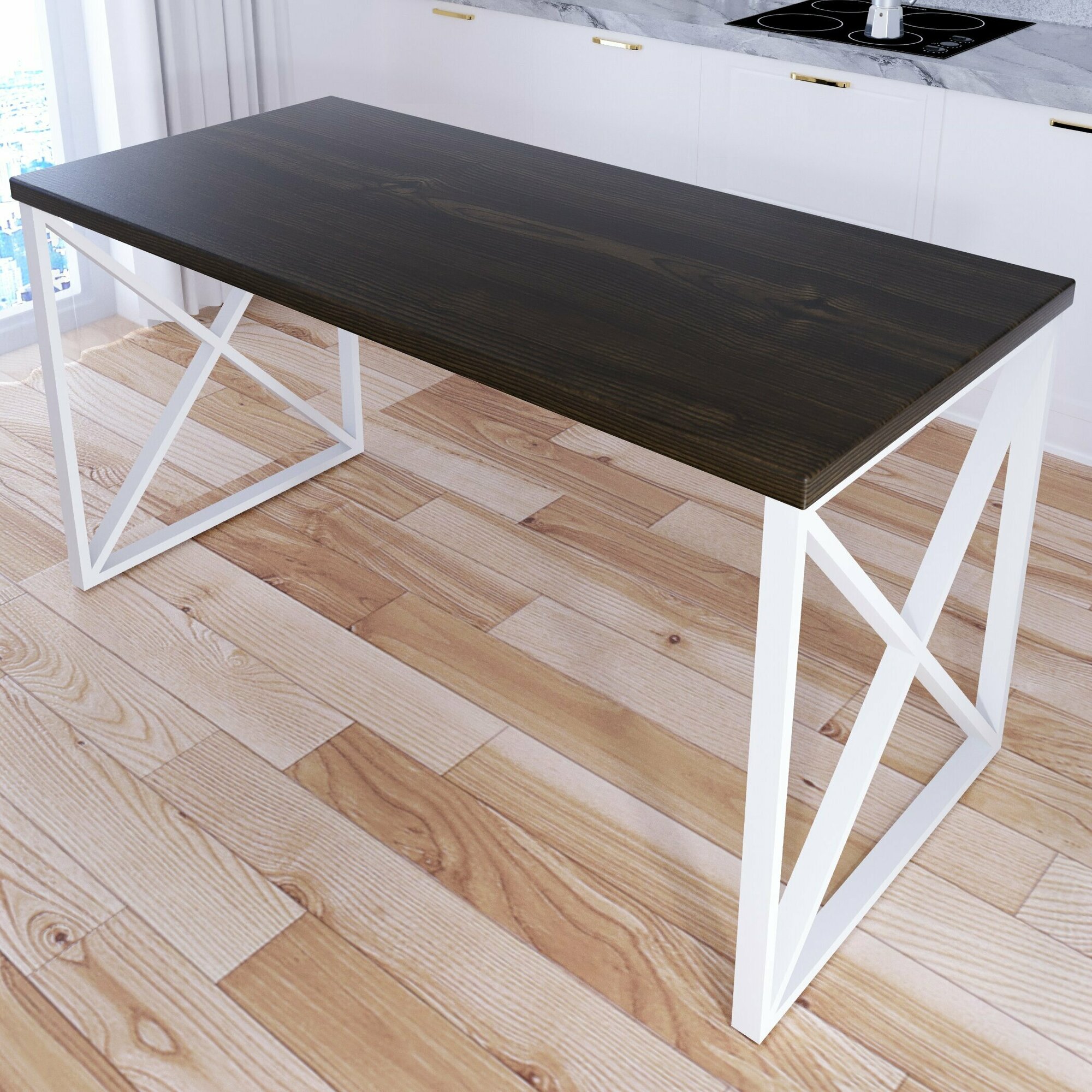 Стол кухонный Loft со столешницей цвета темного дуба из массива сосны 40 мм и белыми металлическими крестообразными ножками, 140х70х75 см