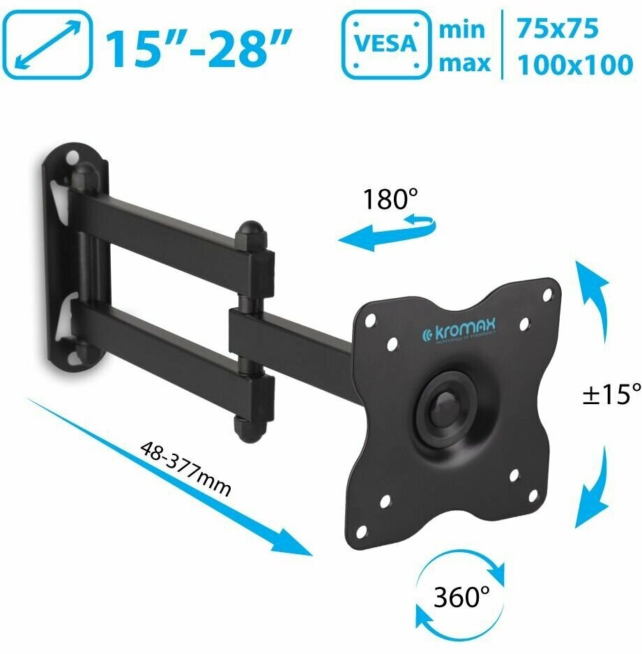Кронштейн для телевизора на стену / крепление наклонно-поворотное Kromax DIX-15 / до 32 дюймов / vesa 100x100 — купить в интернет-магазине по низкой цене на Яндекс Маркете