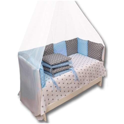 фото Бортики в кроватку body pillow, съемные чехлы 12 шт, расцветка "звезды комби серо-голубые"