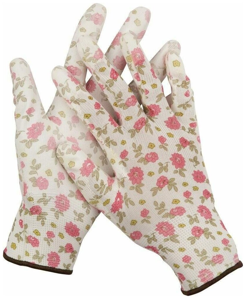 Перчатки GRINDA садовые прозрачное PU покрытие 13 класс вязки бело-розовые размер L