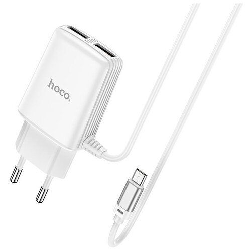 фото Сетевое зарядное устройство 2xusb с кабелем micro usb hoco c82a real - белое