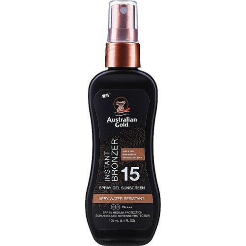 Australian Gold Instant Bronzer Spray Gel Sunscreen SPF15 (TRAVEL SIZE:100мл) Солнцезащитный спрей-гель водостойкий солнцезащитный спрей гель с фактором защиты spf 30 australian gold instant bronzer 100 мл