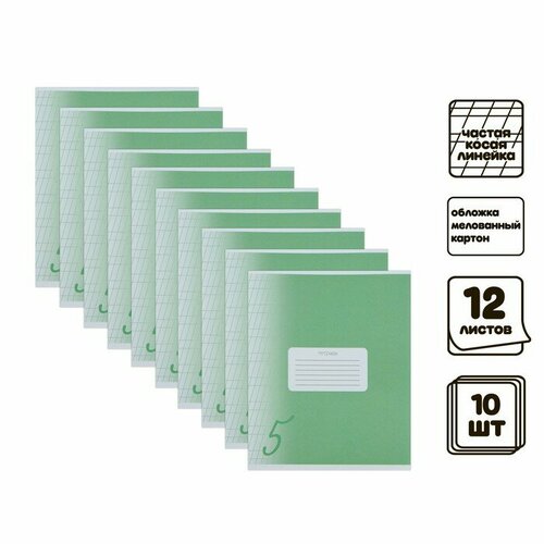 Комплект тетрадей из 10 штук, 12 листов в частую косую линию Calligrata Пятёрка. Зелёная, обложка мелованный картон, блок офсет