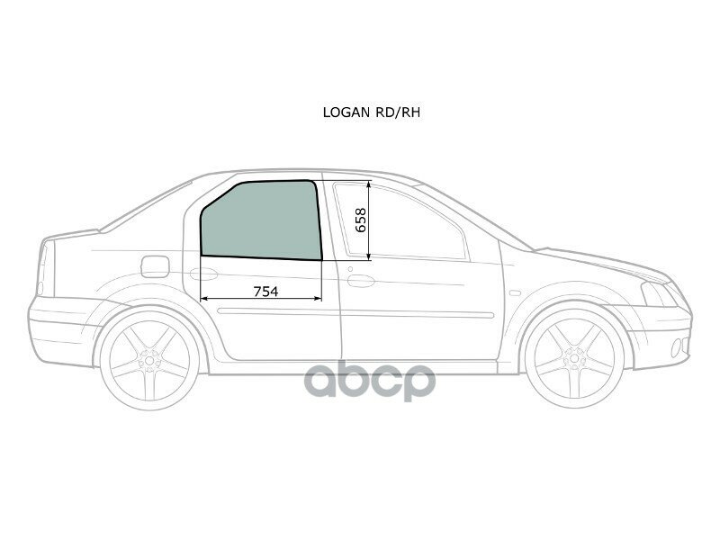 Стекло Боковое Опускное (Сзади/ Справа/ Цвет Зеленый) Renault Logan 04- / Sandero 14- / Dacia Logan XYG арт. LOGAN RD/RH