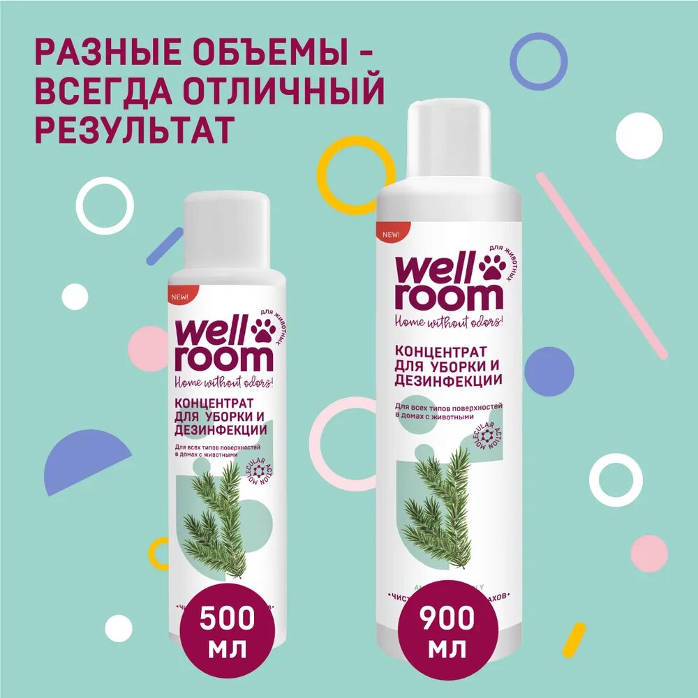 Средство для уборки за животными Wellroom дезинфицирующее 500 мл, концентрат, аромат хвои