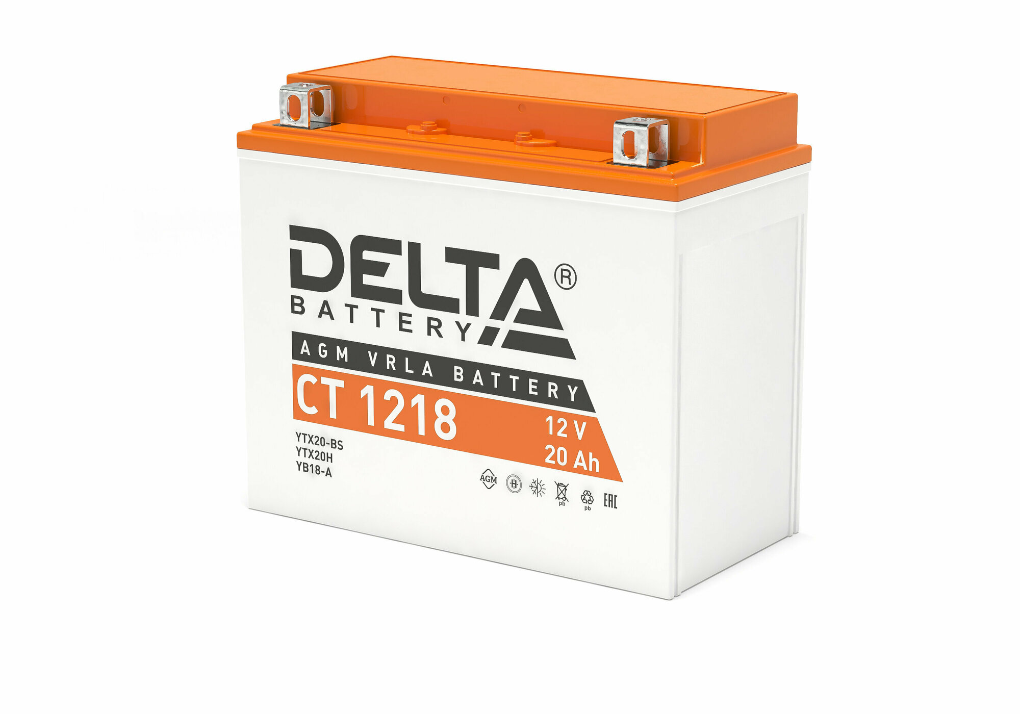 Мото аккумулятор стартерный Delta CT 1218 12В 20Ач прямая полярность 270А (12V 20Ah) (YTX20-BS; YTX20H; YB16-B-CX; YB16-B) AGM аккумулятор для мотоцикла, квадроцикла, снегохода, гидроцикла, генератора — фото 1