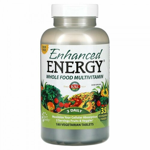 Купить KAL, Enhanced Energy, Whole Food Multivitamin, Iron Free, 180 Vegetarian Tablets
