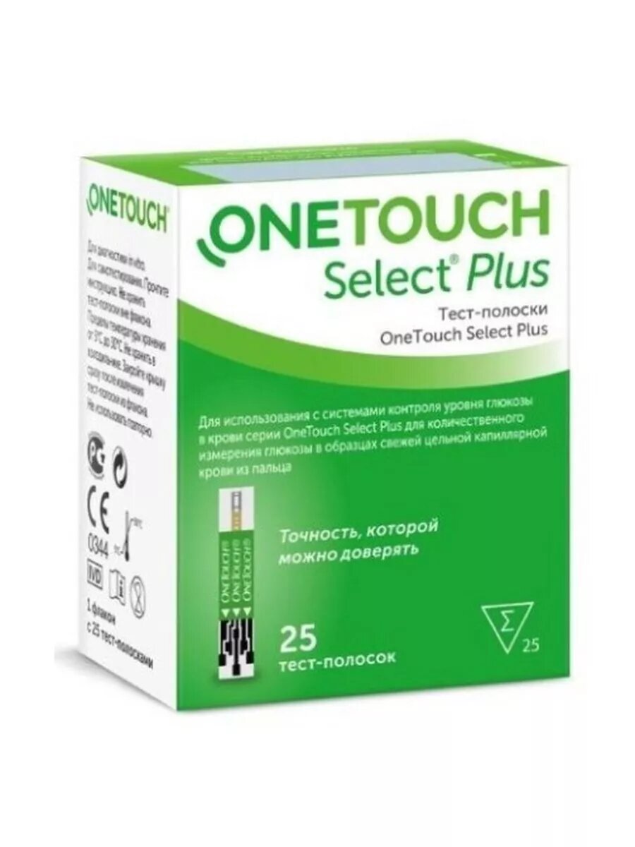 Тест-полоски для глюкометра OneTouch Select Plus, для измерения глюкозы, 25 штук