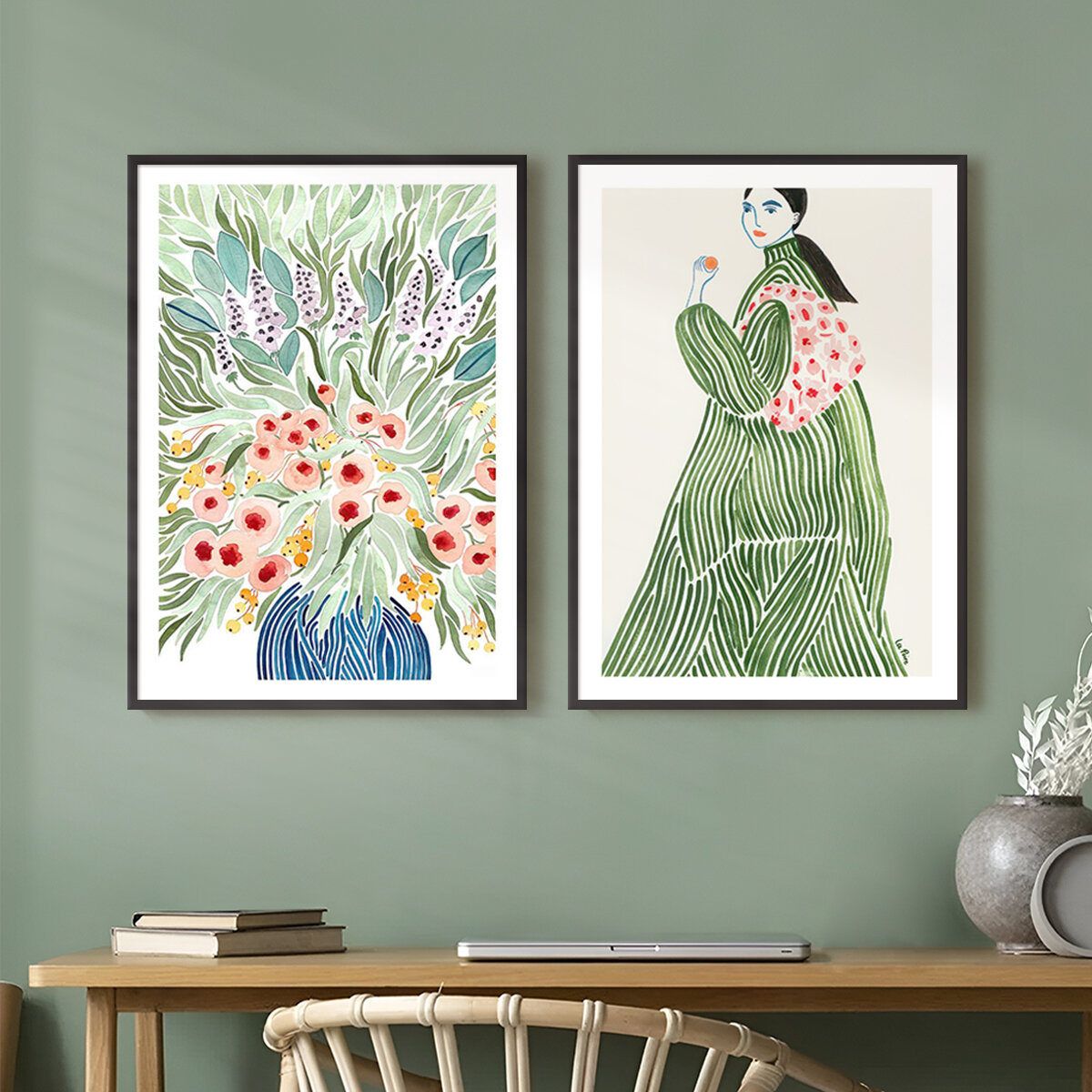 Постеры 2 шт 30х40 на стену "Девушка в зеленом и букет" набор картин для интерьера