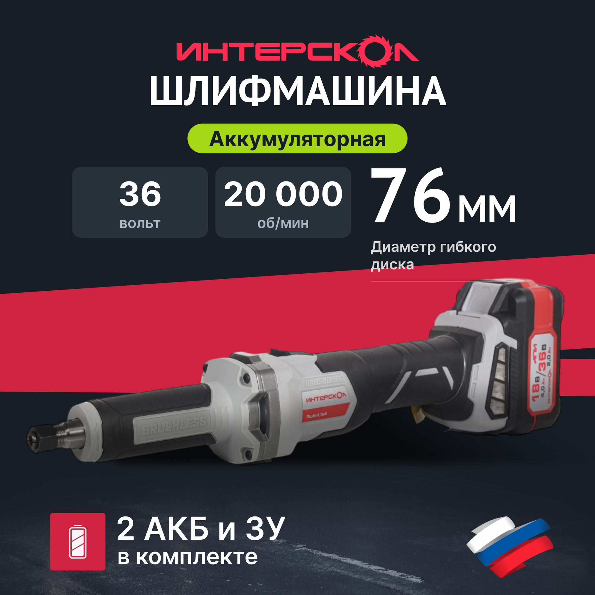 Прямошлифовальная Машина Интерскол ПШМ-8/36В 821.2.2.70, черно-серая, с кейсом