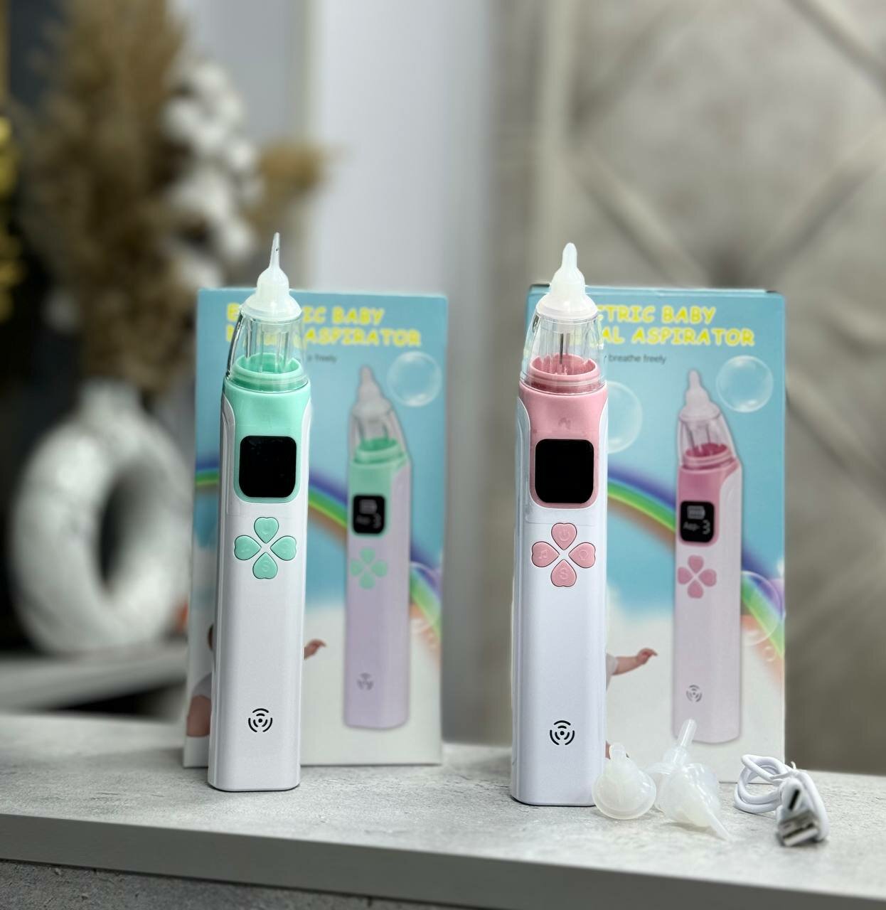 Электрический детский назальный аспиратор с LCD-дисплеем, 3 режима, силиконовые насадки – Mint/Pink