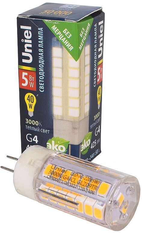 Светодиодная лампа UNIEL LED-JC-220/5W/3000K/G4/CL GLZ09TR прозрачная. Теплый белый свет (3000К). Картон. ТМ .
