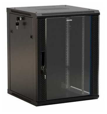 Шкаф Hyperline коммутационный (TWB-1245-GP-RAL9004) настенный 12U 600x450мм пер. дв. стекл 2 бок. пан. 60кг черный IP20 сталь