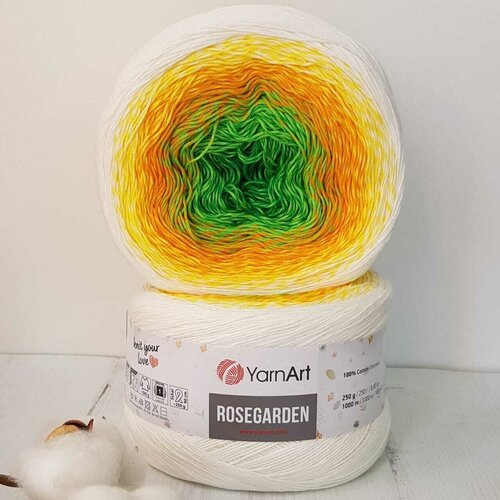 Пряжа YarnArt Rosegarden - 1 шт, белый-оранж-зеленый (303), 250 г, 1000 м, 100% хлопок