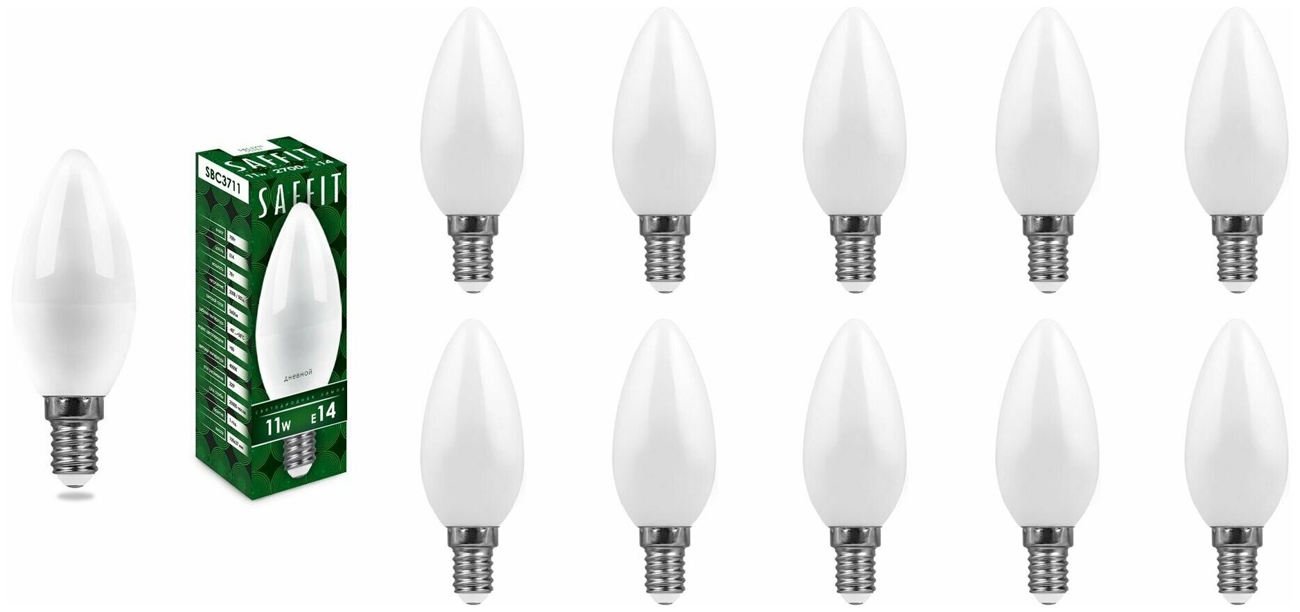 Лампочка светодиодная Saffit 11W=110W 230V E14 Свеча C37 905Лм Ra>80 2700К, упаковка 10шт.
