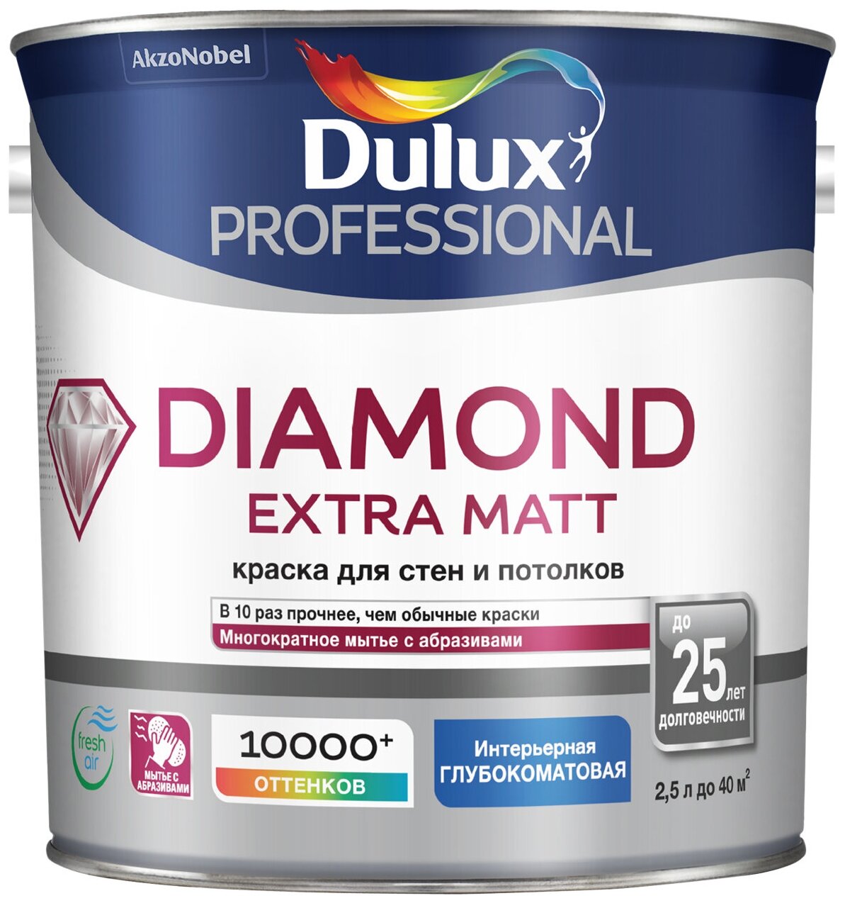 Dulux Diamond Extra Matt Краска для стен и потолков износостойкая (белая, глубокоматовая, база BW, 2,5 л)