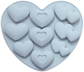 Силиконовая форма для конфет, печенья, желе, шоколада Сердце, 9 ячеек, цвет серо-голубой, 21х19,8х1,8 см, Kitchen Angel KA-SFRM36-01