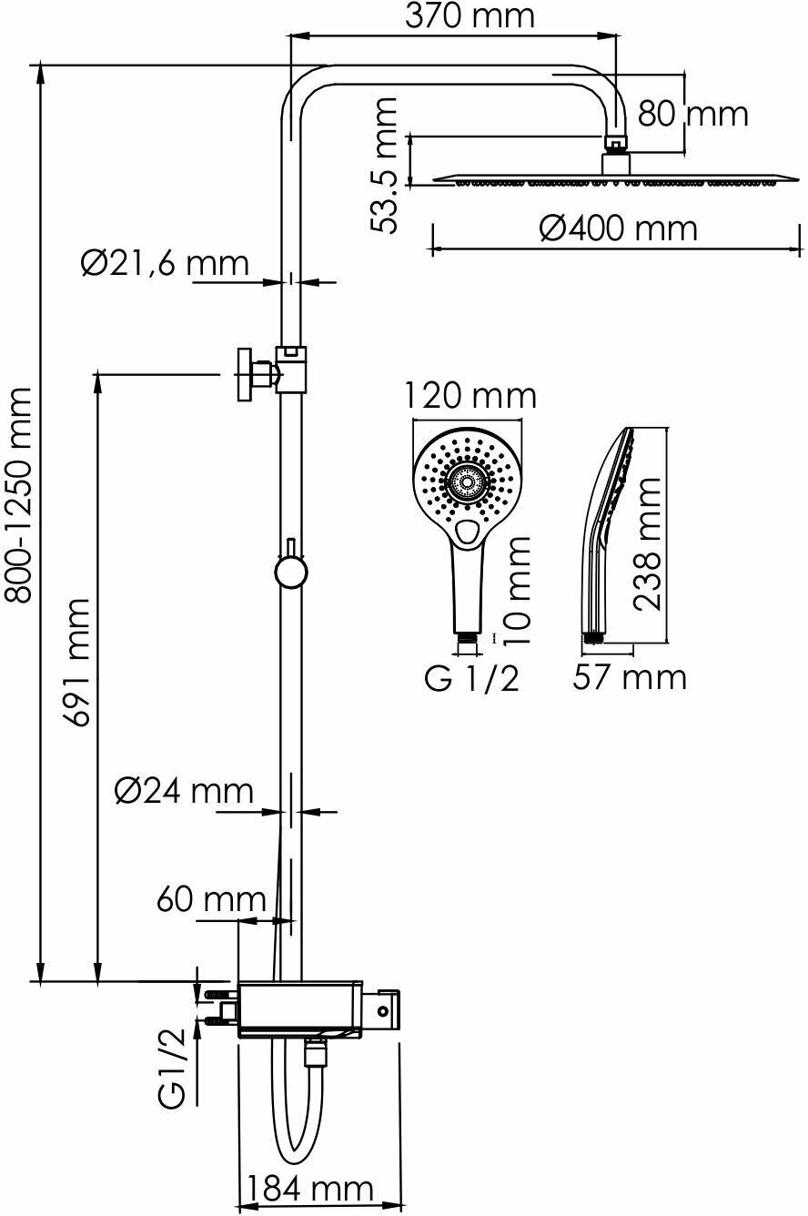 Душевой комплект с термостатическим смесителем, хром, WasserKRAFT A113.117.101. CH Thermo