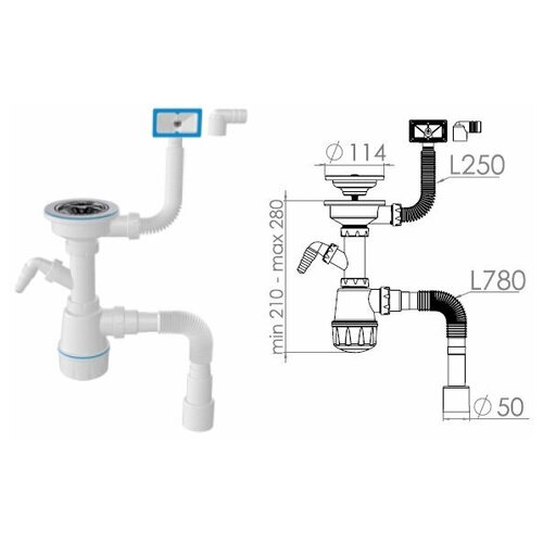 сифон для ванны выпуск d70 перелив гибкая труба 40х40 50 av engineering ave129730 Сифон для кухни с прямоугольным переливом , выпуск 3 1/2, с гибкой трубой 1 1/2 - 40/50мм, AV Engin (AVE129740) (AV Engineering) (AVE129740)