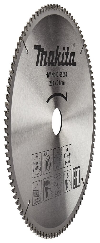Пильный диск Makita универсальный для алюминия/дерева/пластика, 260x30x2.6/1.8x100T , D-65654 - фотография № 2
