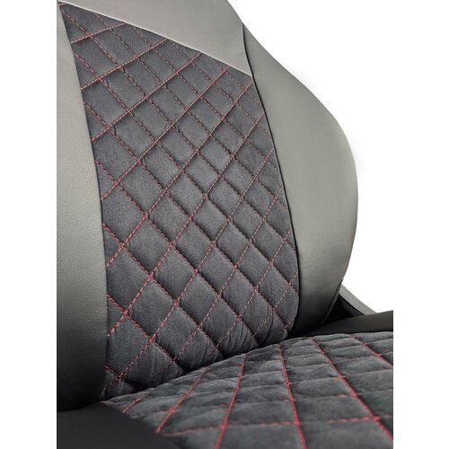 Чехлы Renault Duster 21- экокожа/алькантара стеганые спинка 60/40 красная строчка черные Ростов