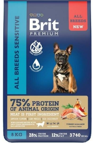 Brit Сухой корм премиум класса с лососем и индейкой для взрослых собак всех пород с чувствительным пищеварением, 8кг