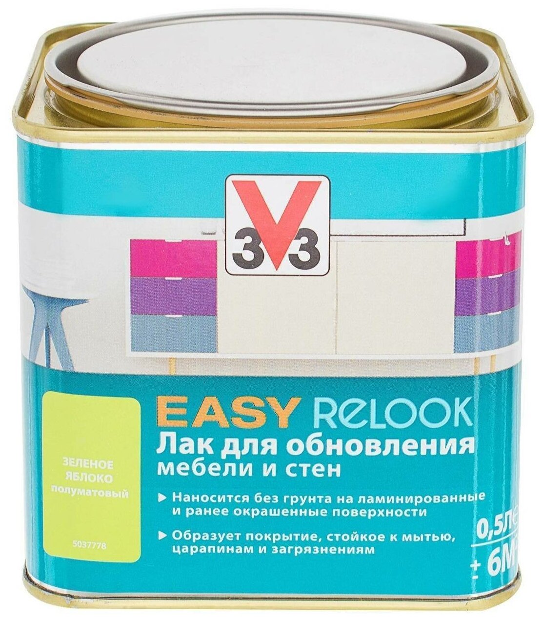 Лак акриловый V33 EASY RELOOK 113410, для мебели, полуглянец, зел.яблоко, 0,5л