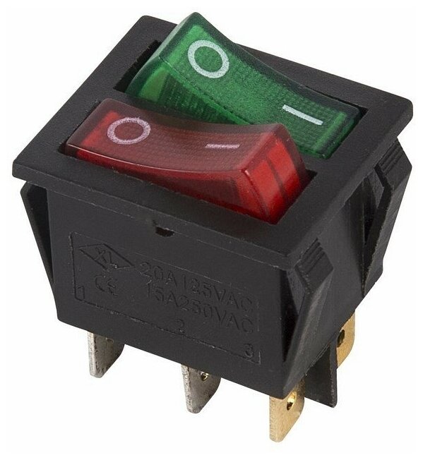 Выключатель клавишный 250V 15А (6с) ON- OFF красный/зеленый с подсветкой двойной REXANT цена за 1 шт