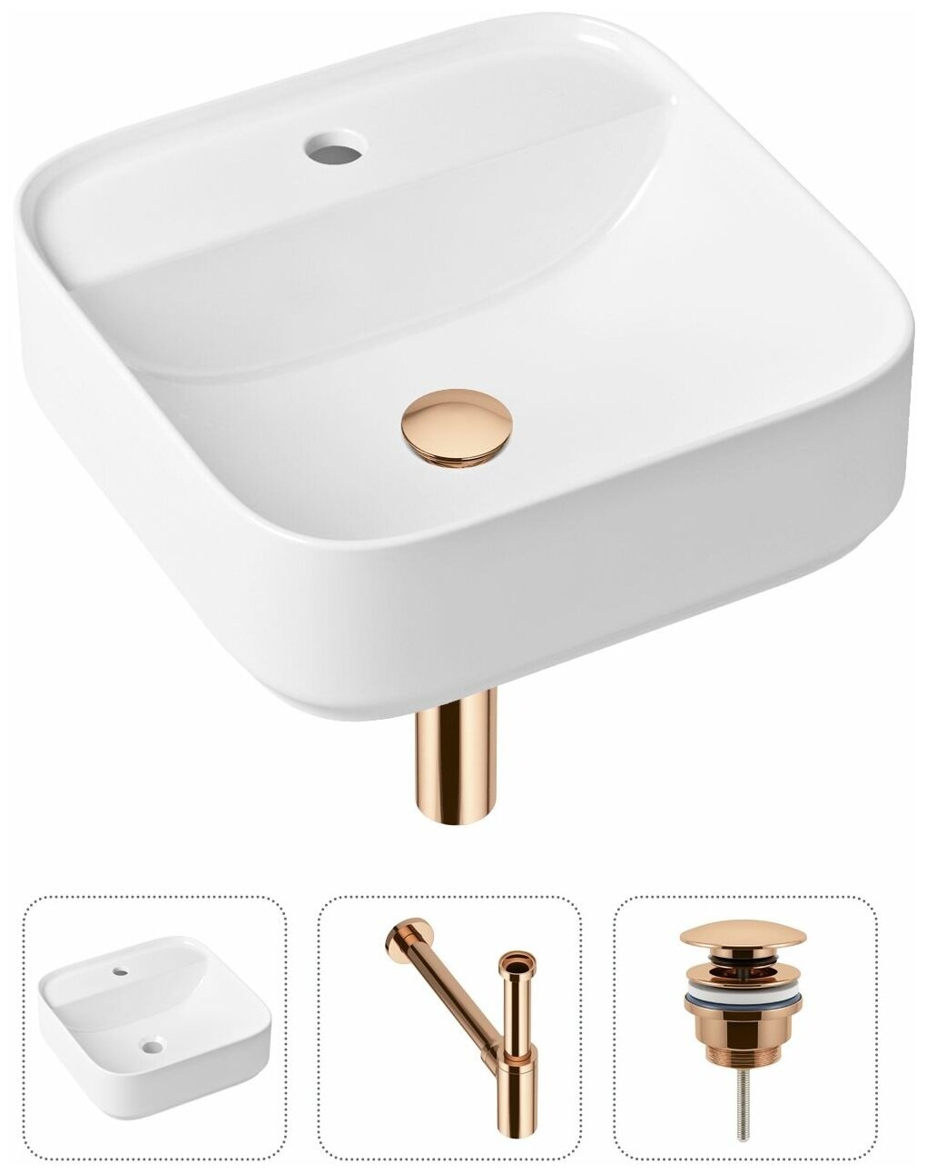 Комплект 3 в 1 Lavinia Boho Bathroom Sink 21520282: накладная фарфоровая раковина 42 см, металлический сифон, донный клапан