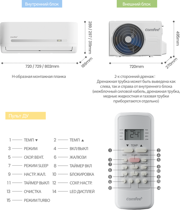 Сплит-система Comfee CSABA-09HRN8-QC2-SET, 9 BTU, охлаждение, обогрев, хладагент R32, таймер, покрытие Golden Fin, авторазморозка внешнего блока